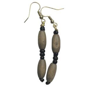 Wood Bead Earrings Natural Rustic Vintage Festival  Hook Drop Dangle